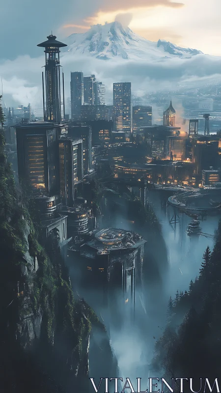 Futuristic canyon city beneath snow capped mountain at dusk.