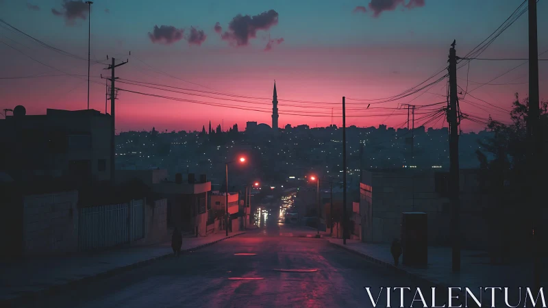 Twilight city avenue descending toward distant minaret glow.