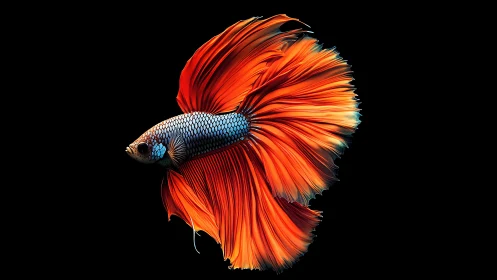 Macro portrait of orange betta splendens with flared fins