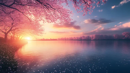 Cherry blossoms glow over tranquil lake at pastel sunset.