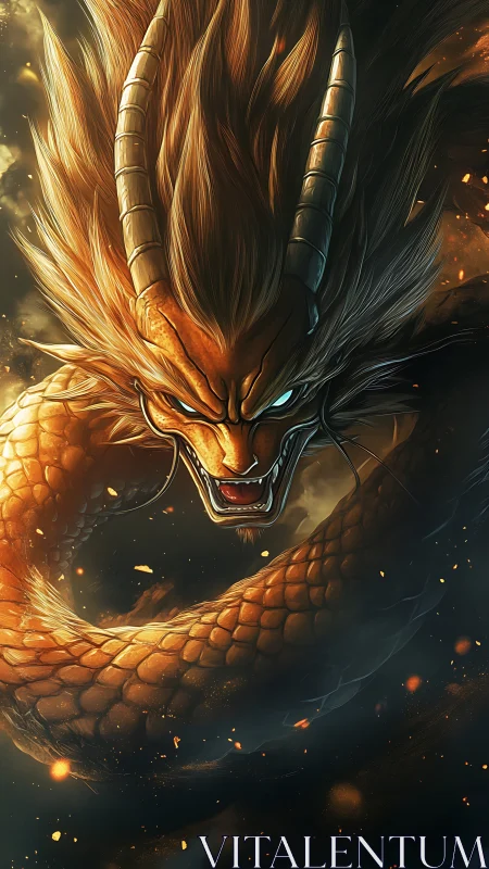 Fiery celestial dragon coils through sparks and swirling night