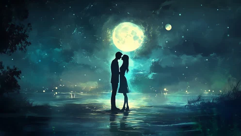 Two figures kiss silhouetted against large celestial moon
