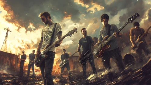 Post-apocalyptic rock band stands defiant under burning skies