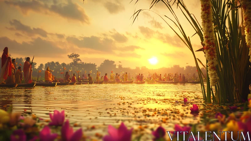 Sunlit river ritual with saffron boats and drifting blossoms.