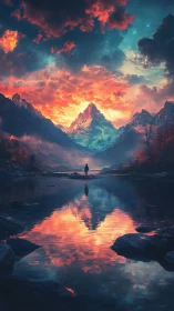 Solitary figure by reflective river facing luminous mountain.