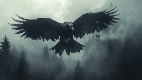 Midnight raven glides calmly above a misty forest valley