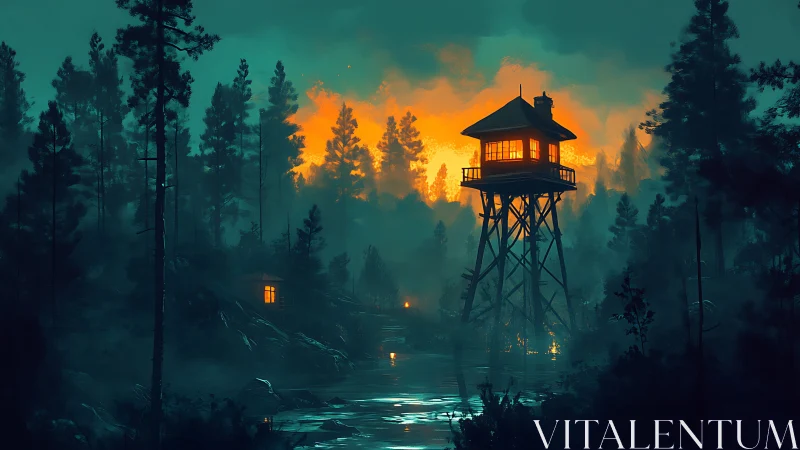 Lone watchtower glows above misty forest lake at dusk.