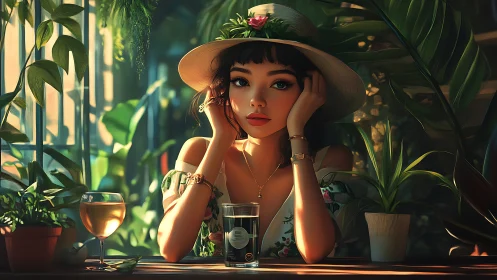 Woman sits at garden caf&eacute; table surrounded by lush plants