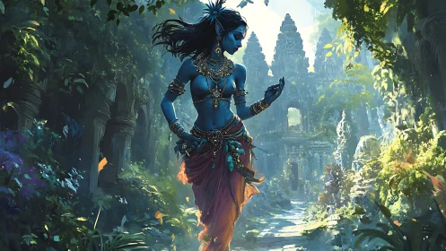 Blue jungle goddess wandering through luminous ruined temples.