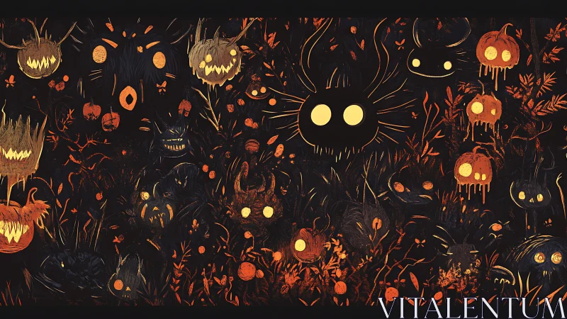 Glowing-eyed forest spirits haunt a fiery Halloween night