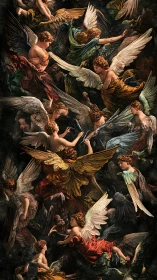 Golden-winged angels swirling through luminous dusk skies.