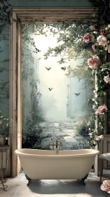 Freestanding bath aligned to overgrown courtyard portal vista.