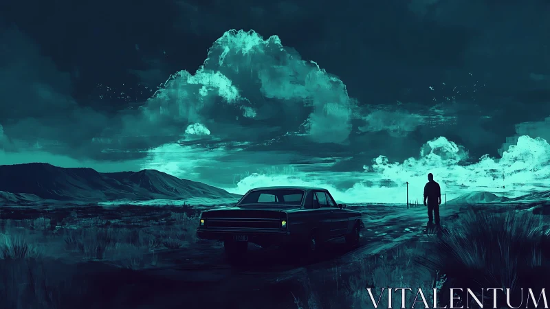 Solitary figure and car under cyan nocturnal storm clouds