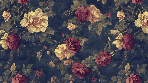 Vintage floral wallpaper pattern with painterly roses on distressed navy ground