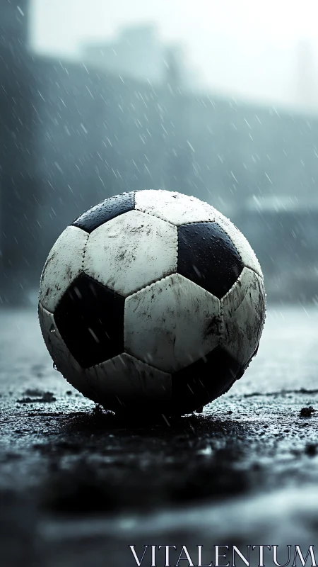 Weathered soccer ball rests calmly on a rainy street