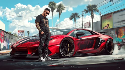 Man with modified red sports car on urban street scene.