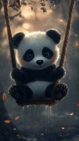 Gentle baby panda enjoys a quiet swing in a misty forest