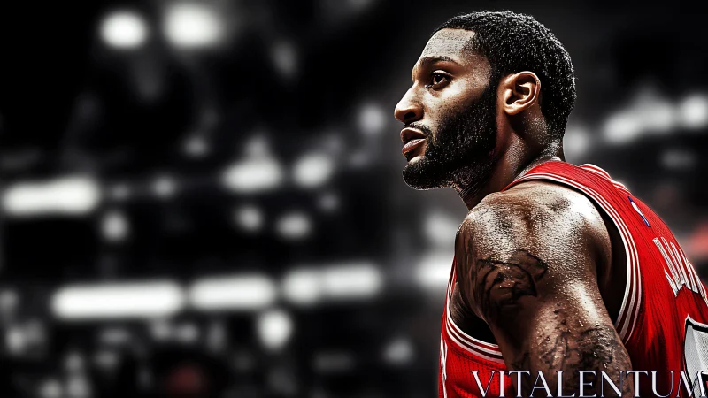 Basketball player in red jersey under arena lights at game.