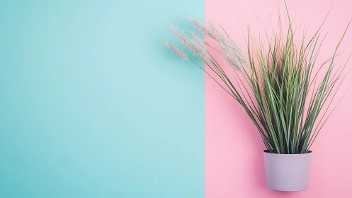 Minimalist potted grass against split cyan and pink background planes
