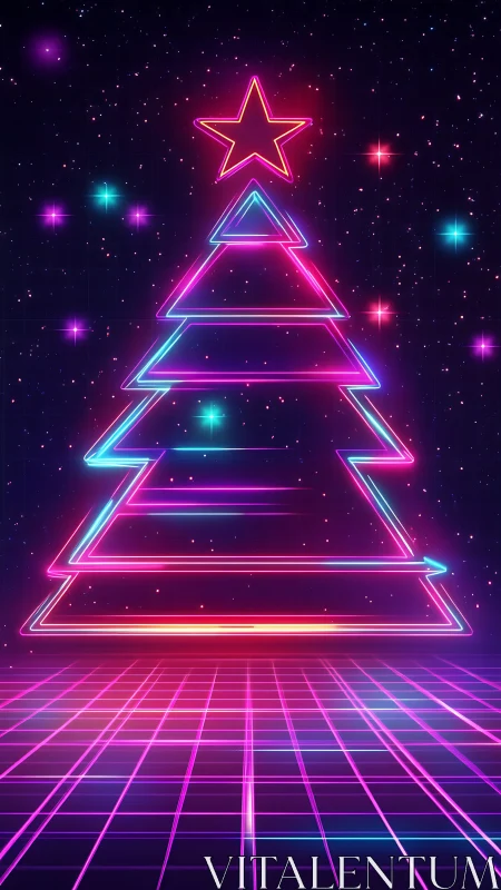 Neon cyberpunk Christmas tree over glowing grid horizon.