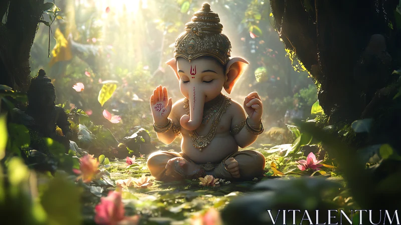 Softly lit baby Ganesha idol rendered with high-detail 3D volumetrics