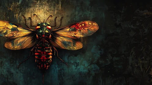 Glowing cicada spreads luminous wings over a dark patina