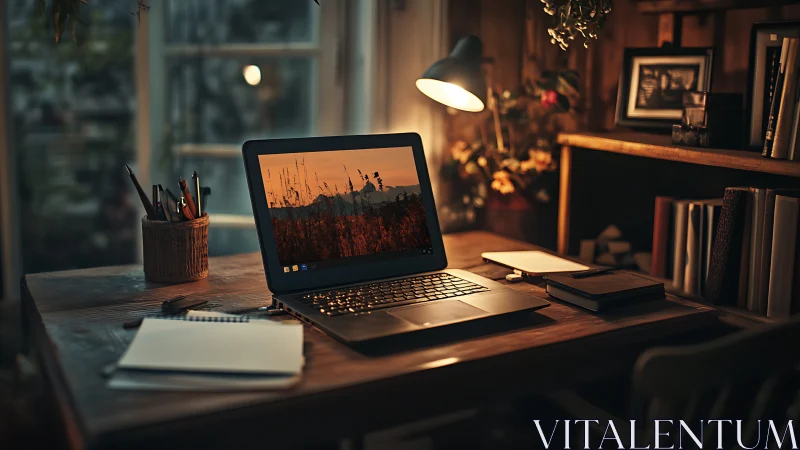 Warm photorealistic home office desk with laptop centerpiece.