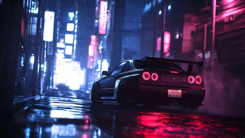 Neon city rain ride with a midnight street racer coupe.