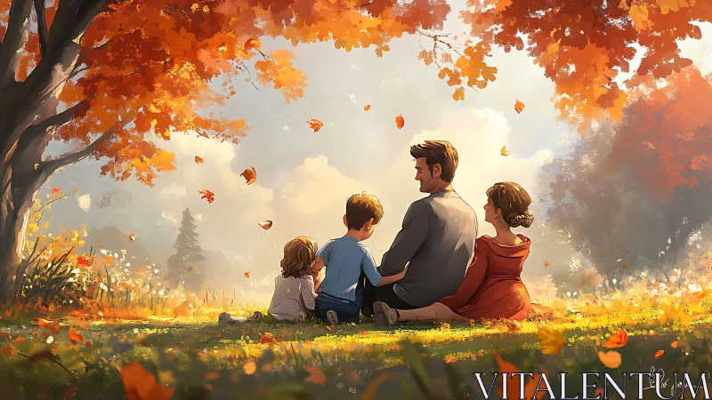 Family observing autumn landscape from grassy elevation.