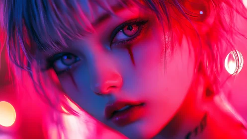 Neon-lit cyber portrait with wistful gaze and glowing tears.