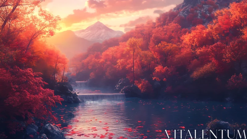 Sunlit autumn river winds beneath distant snowy mountain