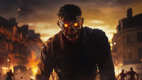 Burning-eyed humanoid figure advances through ruined street