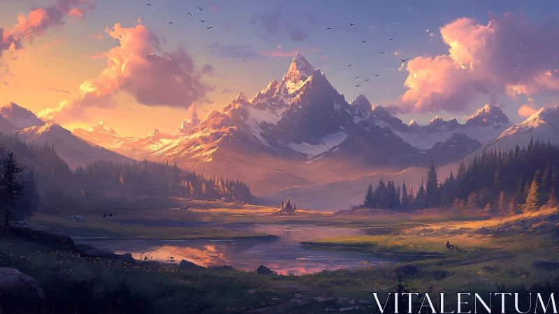 Sunlit alpine peak above tranquil reflective valley lake.