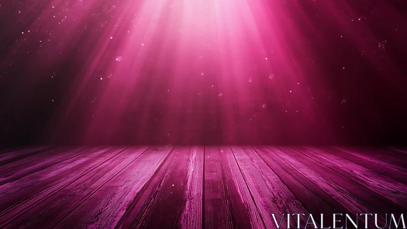 Pink wooden stage under radiant spotlight beams