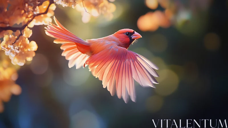 Vibrant cardinal in flight among glowing blossoms, soft bokeh style.