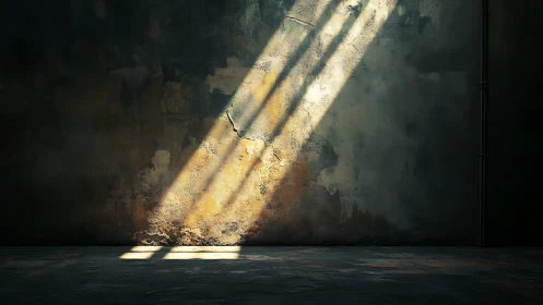 Oblique window light grazes distressed concrete wall surface