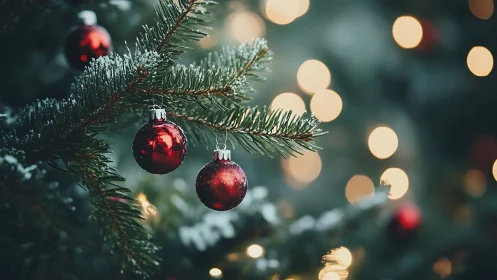 Red baubles on frosted fir branch with warm bokeh lighting