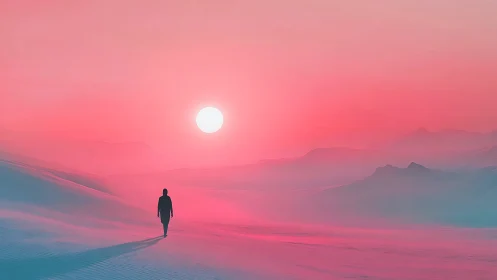 Solitary figure traverses neon dusk dunes in atmospheric gradient