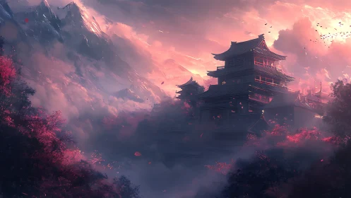 Sunlit mountain citadel emerges through atmospheric valley haze