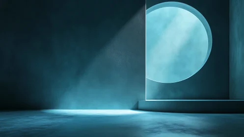 Quiet lunar portal in a teal minimalist dream chamber.