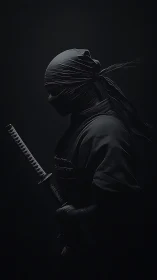 Photorealistic low-key portrait of masked katana-wielding ninja.