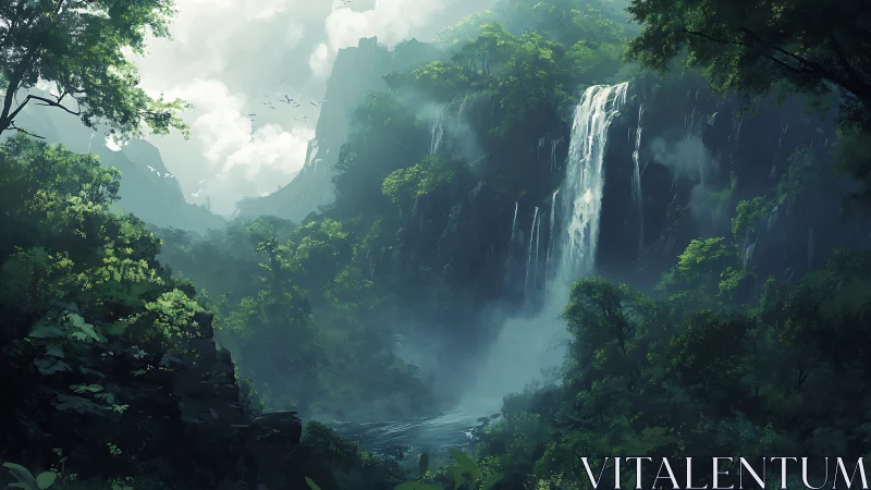 Misty Canyon Cascade: Monumental Waterfall Through Verdant Gorge