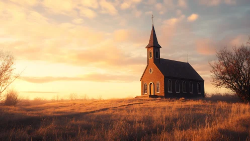 Sunlit rural chapel with golden field and atmospheric horizon.