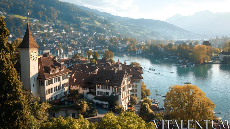 Lakeside clock tower town basking in mellow alpine sunlight.