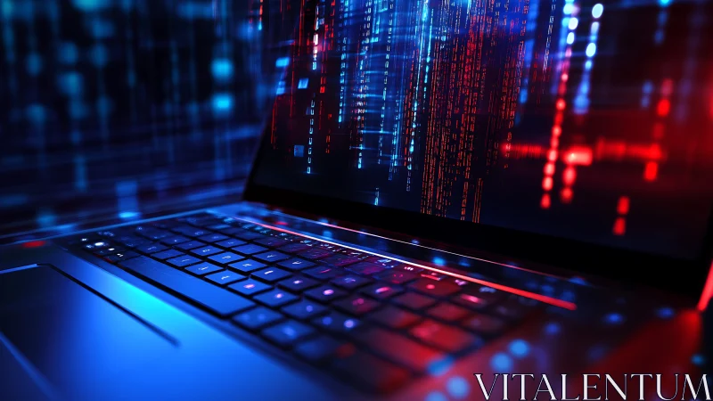 Laptop keyboard with glowing red and blue digital code display