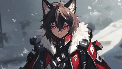 Red-eyed fox-eared anime figure in winter gear portrait.