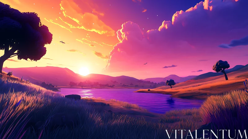 Digital painting sunset landscape with stylized river valley.