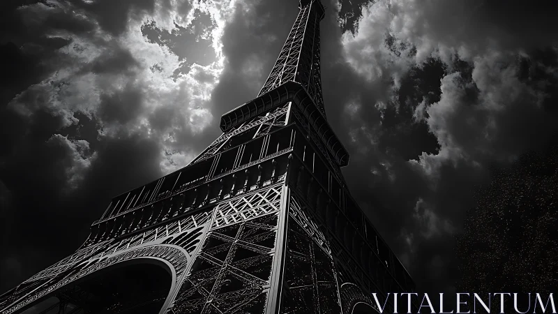 Eiffel Tower low angle study under dramatic cloudy sky.