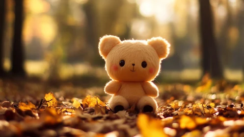 Plush teddy bear glows in soft autumn forest sunlight.