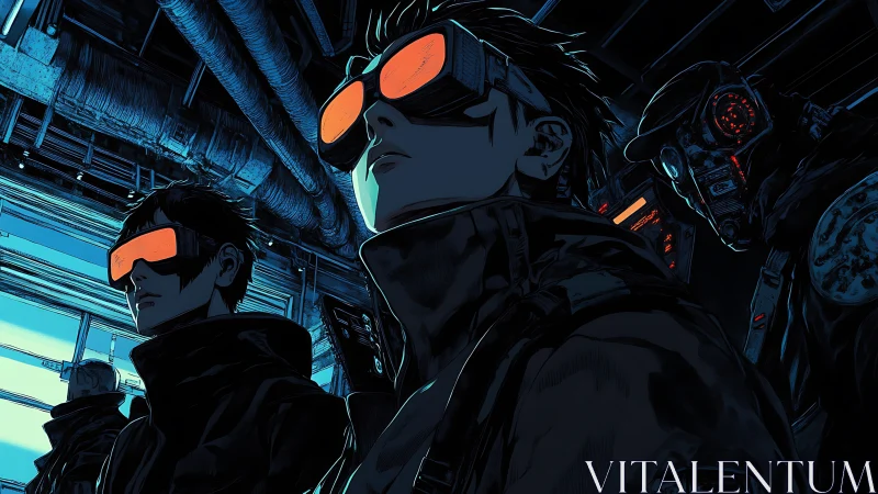Cyberpunk squad with neon visors in industrial shadows.